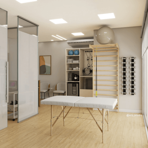 Sala de fisioterapia pélvica com maca e equipamentos na Vila Mariana São Paulo